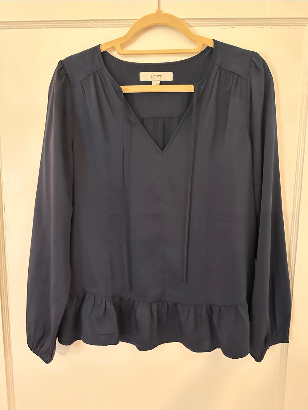 LOFT Navy V-Neck Long-Sleeve Blouse with Ruffle Hem